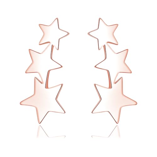 Image of Estrellique Rose Gold Stud Earrings for Women Girls, 925 Sterling Silver Star Studs Earrings, Small Cartilage Starburst Climbers Earrings, Flat Triple Star Silver Sleeper Studs for Sensitive Ears
