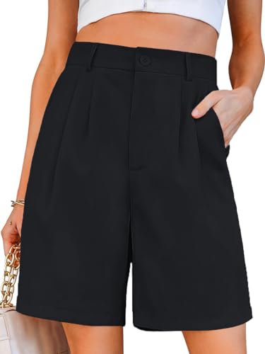 Minetom Bermuda pour Femme Short D'Été Jambe Large Short Court Décontracté avec Poches Fluide Droit Habillé Travail Au Bureau Short B Noir M