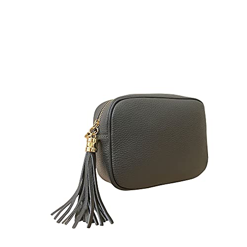 ALEXANDER MILANO Damen-Handtasche aus echtem Leder, glatt und lackiert, 2 Reißverschlüsse mit langem Riemen, verstellbar, hergestellt in Italien, Vera Pelle Italien, 20 x 15 x 8 cm., grau, 20x15x8