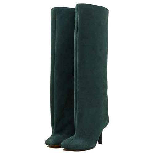UBWDU Suede Boots for Women Knee High Wide Calf Boots Square Toe Long Stiletto Boots High Heel Tall Booties Green 9.5