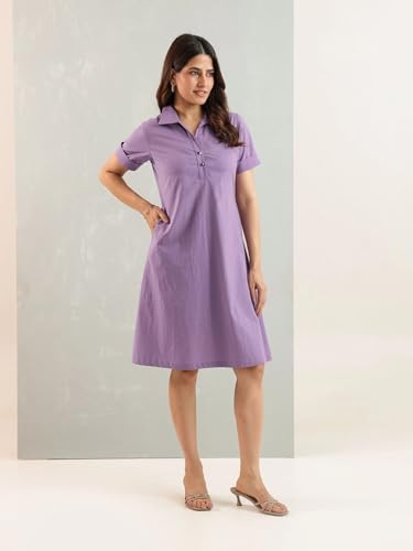 Image of Amazon Brand - INKAST Women Wide Collared Solid A -line Bottuned Mini Dress with Pockets | Summer Outfits | 100% Cotton | Casual Wear | One Piece