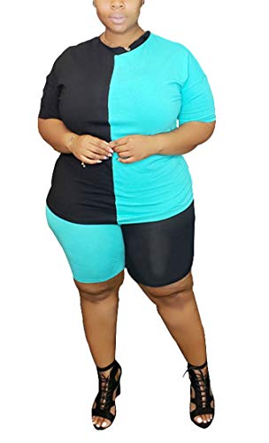 Aro Lora Womens Plus Size 2 Piece Outfits Tracksuits Color Block T Shirt and Shorts Set Jogging Suits XX-Large Green