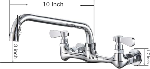 BWE Kitchen Faucet Wall Mount with 10 Inch Swivel Spout 8" Center Commercial Sink 2-Handle Faucet Mixer Tap Polish Chrome Laundry Faucet Commercial Kitchen Faucet