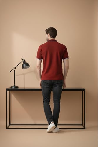 Image of Louis Philippe Men's Slim Fit Single-Tuck Pique Stylized Sleeve Print and Contrast Tipping Half Sleeve Solid Polo Tshirt