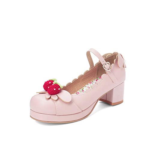 Elyffany Women's Cute Lolita Cosplay Shoes Mid Chunky Heel Mary Jane Pumps Pink #TOP1