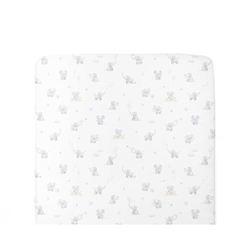 Living Textiles Portable Cot Sheet for Travel Cot, Organic Cotton Fitted Cot Sheet Travel, Easy-Care Soft & Gentle Elasticised Fit, Baby Essentials Gifts (Elephant Playtime)