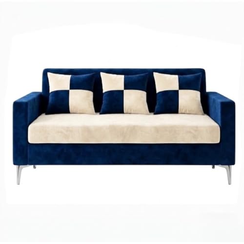 Image of FURNY Lushwood 3 Seater + 1 Seater + 1 Seater Sofa Set (Dark Blue-Cream) | Premium Suede Velvet Fabric Finish | Silver Metal Legs | Durable Comfort Sofa for Modern Living Room & Office Spaces