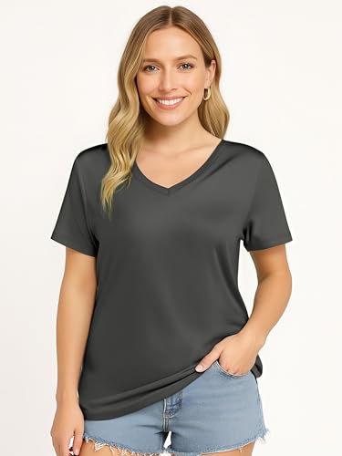 Image of V Neck T Shirts for Women, Athletic Short Sleeve Workout Top, UV Sun Protection, Quick Dry Moisture Wicking Shirts for Women