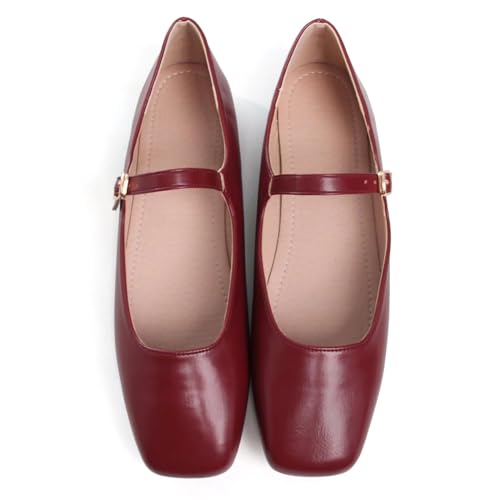Stunner Women's Mary Jane Flats Fashion Square Toe Soft Ballet Flats Comfort Leather Office Driving Flat Shoes Dark red 37(6.5) 23