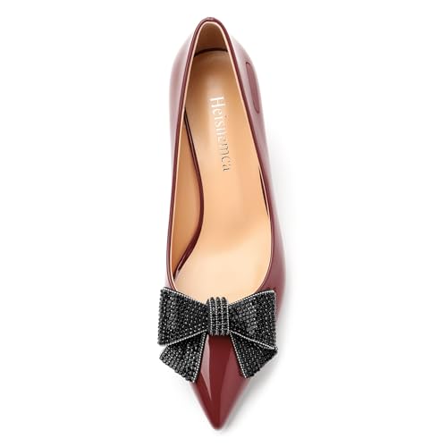 Image of Heels for Women Closed Patent Pointed Toe Bow Pumps Slip on Kitten Low Heels Wedding Party Dress Office Shoes 2.5Inch