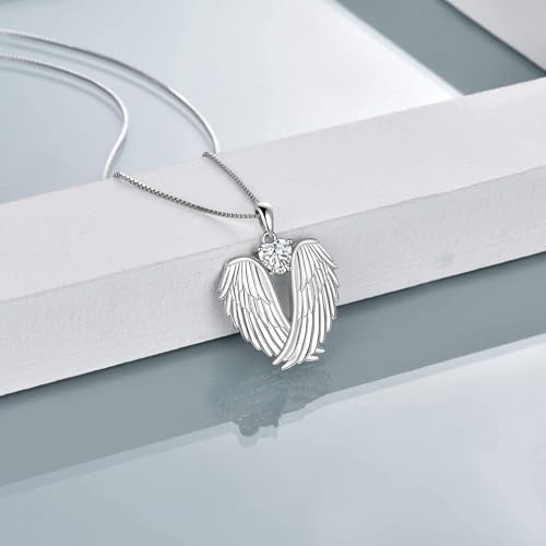 Image of YFN Angel Wings Necklace 925 Sterling Silver Guardian Angel Wings Pendant Necklace Birthstone Necklace for Women Girls Christmas Jewelry Gifts