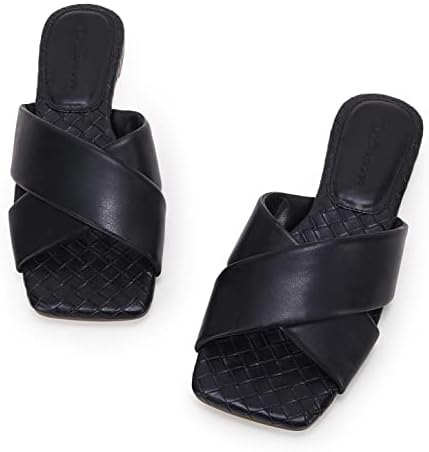 Women’s Square Open Toe Flat Sandals Backless Slip On Slides Cross Band Summer Slippers Black Size 8