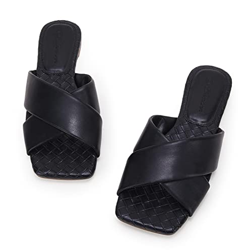 Women’s Square Open Toe Flat Sandals Backless Slip On Slides Cross Band Summer Slippers Black Size 8 #TOP3