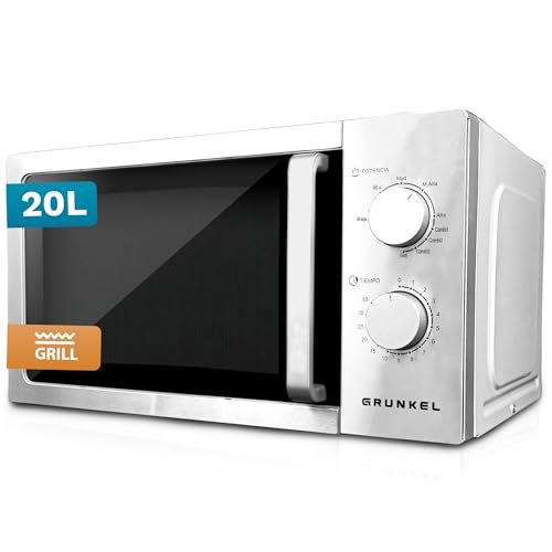 Grunkel - Microondas en color acero inoxidable de 20L y 700W y 5-6 niveles de potencia Sin/Con Grill +900W Función descongelación y temporizador hasta 35 minutos (Con Grill)
