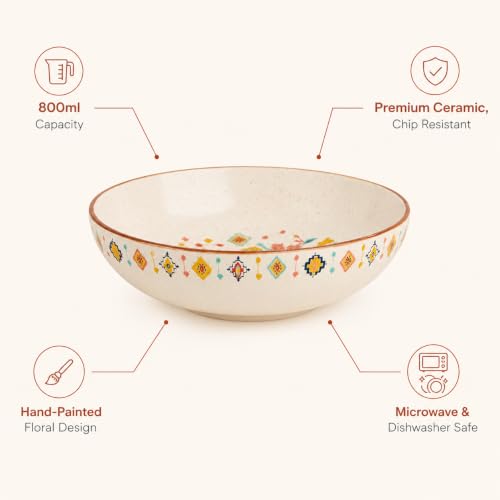 Image of Chumbak Farmhouse Pasta Bowl - 800ml Capacity, Hand-Painted Floral Design, Premium Ceramic Serving Bowl, Chip Resistant, Ideal for Pasta Salad & Everyday Dining, Home Decor Gift