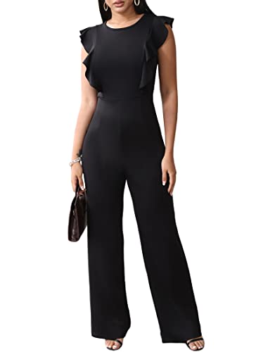 Womens Jumpsuits Romper Crew Neck Ruffle Sleeve High Waist Wide Leg One Piece Casual Outfits Black Xl #TOP29