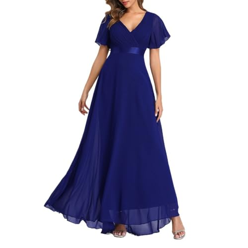 JellyLe Elegantes Damen Festkleid Chiffon Ballkleid Lang Cocktailkleid V-Ausschnitt Glockenärmel Geschwungenes Saum Elastisch für Bankett Abend (XL Blau)