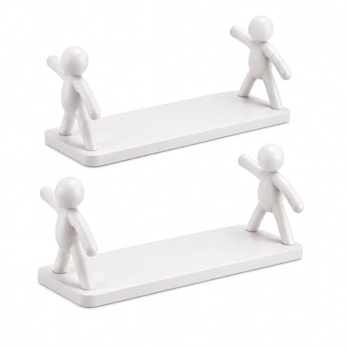 Image of Wall Mounted Bathroom Shelf (Pack of 2) - Cute Human Figurine Holders - Toothbrush, Toothpaste, and Toiletries Organizer - Adhesive Rack for Bathroom or Wash Basin (White)
