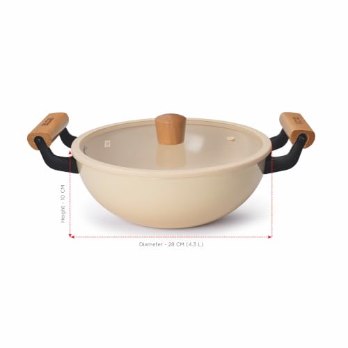 Image of Alda Ceramico 28cm Deep Wok with Glass Lid | Non-Stick Ceramic Kadhai with Dual Wooden Handles | Cream Multipurpose Cooking Pan | Induction & Gas Stove Compatible Cookware