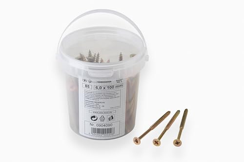 Meister Tornillos universales 6,0 x 100 mm – Juego de 85 unidades – Cabeza avellanada – PZ Pozidriv – Rosca parcial – Amarillo galvanizado/Juego de tornillos/Cubo / 904090