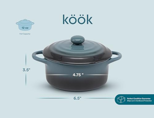 Kook Ceramic Mini Cocotte Set, Small Casserole Dish with Lid and Handle, Individual Baking Ramekins, Oven, Microwave, Dishwasher Safe, Stoneware, 12 oz, Set of 4 (Stone Ombre)
