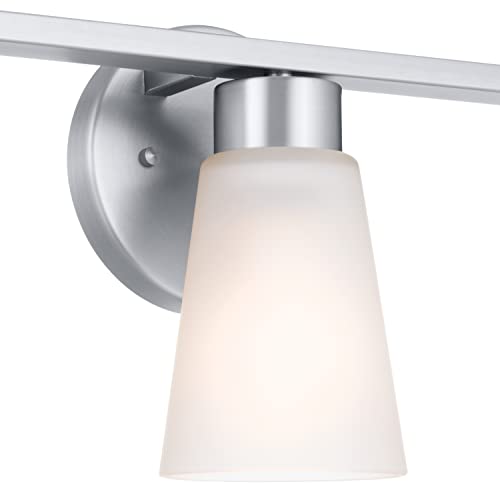 Image of Kichler Stamos 3-Light Bathroom Vanity Light Fixture with Satin Etched Glass Shades, 22 in Modern Wall Mount Light in Brushed Nickel for over Mirror (22 in x 5 in x 8 in), 55121NI