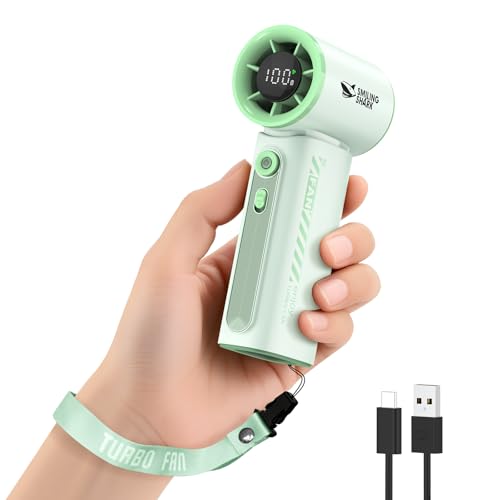 Smiling Shark TF-02 Ventilador Turbo Portátil, Turbo 1-100 Velocidades Mini Ventilador Portátil de Mano [12H Max] con Pantalla LED y Cordón/Base, Mano/Escritorio 2 en 1 para Uso Interior y Exterior
