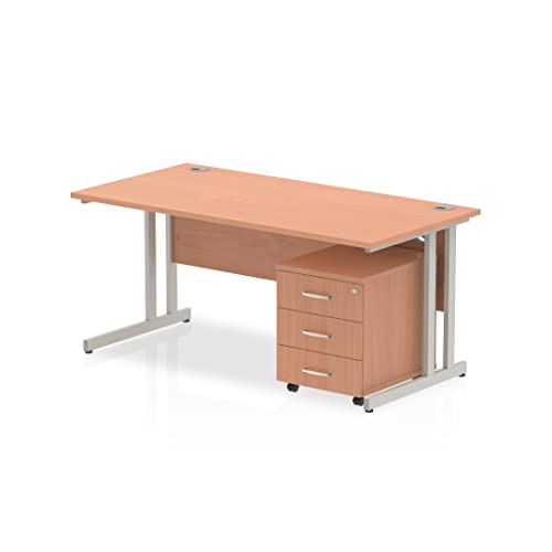 Image of Straight Office Classroom Teacher Desk Table Three Drawer Pedestal Beech 1200mm