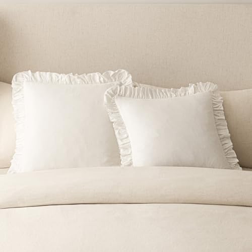 Image of Foindtower Set of 2 Decorative Soild Fringe Ruffle Throw Pillow Covers Soft Boho Farmhouse Cushion Cover Cozy Accent Retro Pillowcase for Couch Sofa Bed Living Room Home Decor,22x22 Inch,White