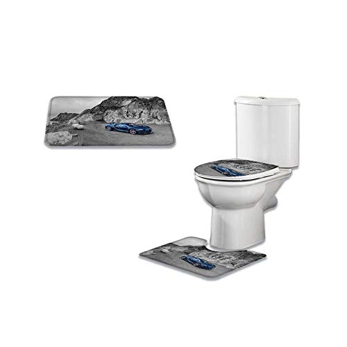 Claean-Acces-Home Wc Vorleger Blauer Rennwagen Duschvorhang Toilettensitzbezug Set Wc Zubehör Matte Badezimmer Dekor Badvorhänge-3 Stück Mat Set