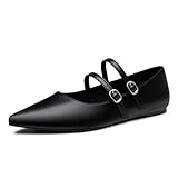 Trary Black Flats for Women, Mary Jane Shoes Women Closed Pointed Toe Ballet Flats Dressy Comfortable Slip on Shoes Leather Mary Janes Size 8.5