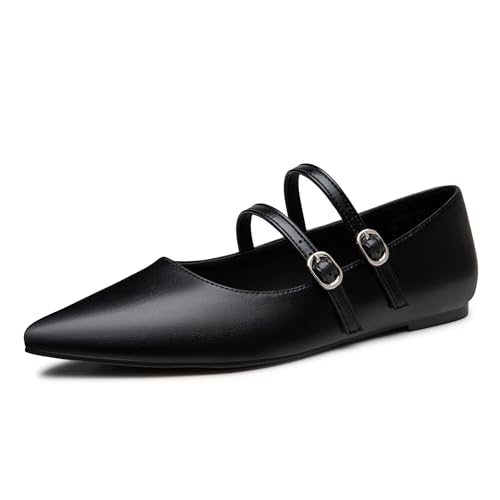 Image of Trary Flats for Women Mary Jane Shoes Women Closed Pointed Toe Ballet Flats Comfortable Slip on Dressy Adjustable Strap Cute Walking Office PU Leather Mary Janes Flat Shoes