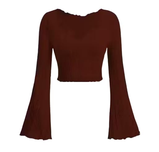 Image of V-Neck Notched Flared Sleeve Top for Women | Stylish Polyester Long Sleeve Blouse for Casual Wear 450
