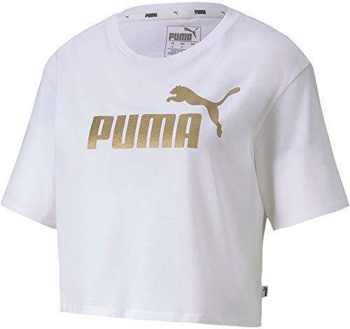 PUMA Women's Essentials+ Metallic Cropped T-Shirt, White-Gold, XL