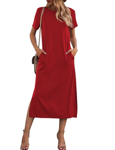 Image of Naggoo Summer Dresses for Women Short Sleeve Side Slit Long T Shirt Dress Beach Sundress Travel Vacation Outfits with Pockets