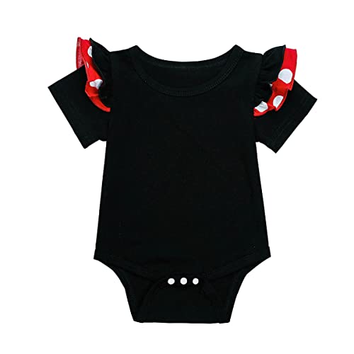 Baby Girls Ruffle Flutter Sleeves Romper Bodysuit + Polka Dots Shorts Pants Set With Headband First Birthday Christmas Outfit Summer Clothes For Cake Smash Photo Shoot Party Black + Red 6-12 Months #TOP1