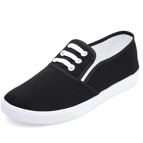 Image of Womens White Canvas Sneakers Lightweight Lace Up Fashion Comfortable Canvas Shoes Low Top Slip On Casual Tennis Walking Shoes Women Footwear