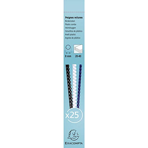 Exacompta - Ref. 76200E Bindekämme, 8 mm dick, 21 Ringe, geeignet für A4-Dokumente, hält ca. 20-40 Blatt, aus PVC-Material, Weiß, 25 Stück