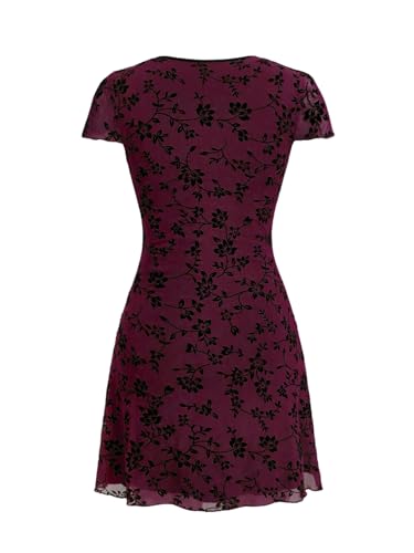 SHENHE Women's Y2k Floral Print Deep V Neck Short Sleeve Fit and Flare Vintage Mini Dress2