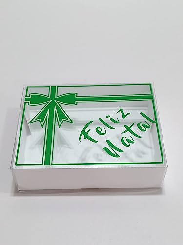 Caixa para Presentes e Doces Feliz Natal, de Papel Duplex e Tampa Visor Acetato, 10 unid, 15 x 11 x