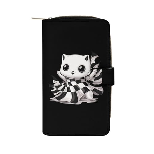 Ghost Cat Leather Long Pouch Wallet for Men And Women Large Capacity Clutch Cash Wallet with Zippered