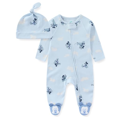 Image of Disney Mickey Mouse Baby Boys Long Sleeve Footies Coverall Romper With Cap for Newborn and Infant