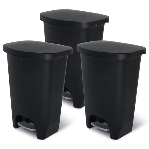 Image of Glad 3 Pack 13 Gal Trash Can | Plastic Kitchen Waste Bin with Odor Protection of Lid | Hands Free with Step On Foot Pedal and Garbage Bag Rings, Black