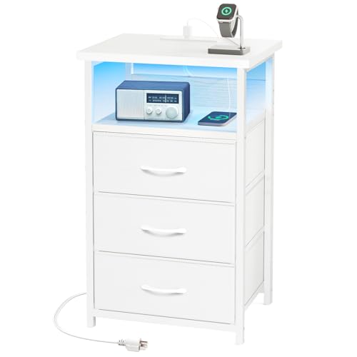 Fixwal White Nightstand with Charging Station, LED Night Stand with 3 Fabric Drawers and Open Shelf, Bedside End Table in Bedroom