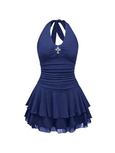 Image of BEAUDRM Women's Y2k Goth Mini Dress Grunge Punk V Neck Tie Back Halter Short Dresses Gothic Halloween Costumes