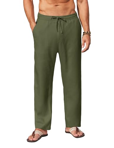 COOFANDY Men's Casual Linen Pants Elastic Waist Drawstring Yoga Beach Pants Lightweight Loose Fit Trousers with Pockets, Army Green, Medium