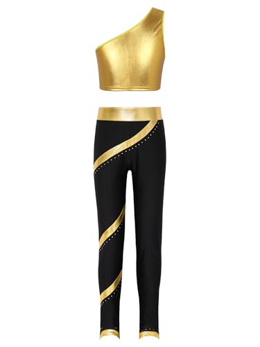 Kids Girls Shinymetallic Gymnastic Jumpsuit Set One Shoulder Crop Top With Legging Ballet Yoga Tracksuit