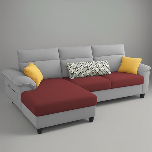 Image of Casaliving Seams LHS 4 Seater L Shape Sofa for Living Room (Maroon Grey Fabric) Premium Fabric Sofa