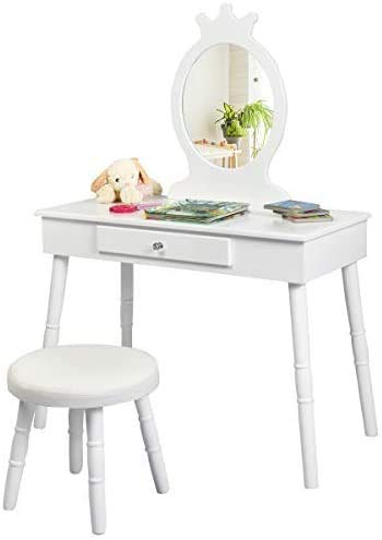 HONEY JOY Kids Vanity Table Set, Princess Wooden Dressing Table and Chair Vanity Set, Little Girls Pretend Beauty Makeup Playset w/Crown Mirror & Cushioned Stool, Childrens Bedroom Furniture (White)