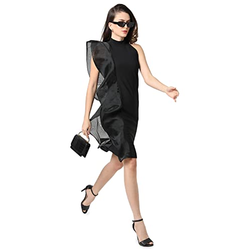 Image of PINACOLADA Women's Solid Black Slim Fit Dress with Sheer Detailing for Casual Wear | Knee Length | Crew Neck | Sleeveless | Stylish Dress Crafted with Comfort Fit & High Performance for Everyday Wear